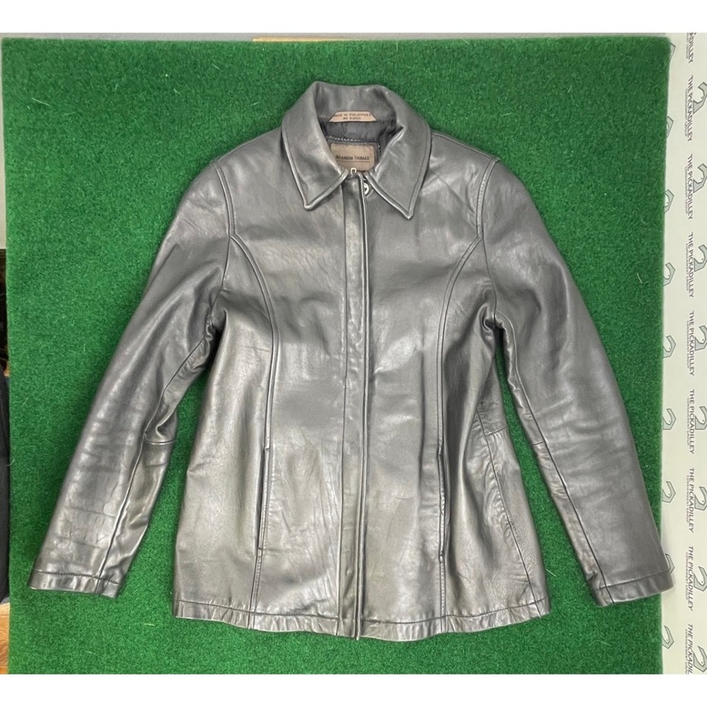 Brandon Thomas Gray Leather Jacket Womens Medium Collared Moto Coat RN81850